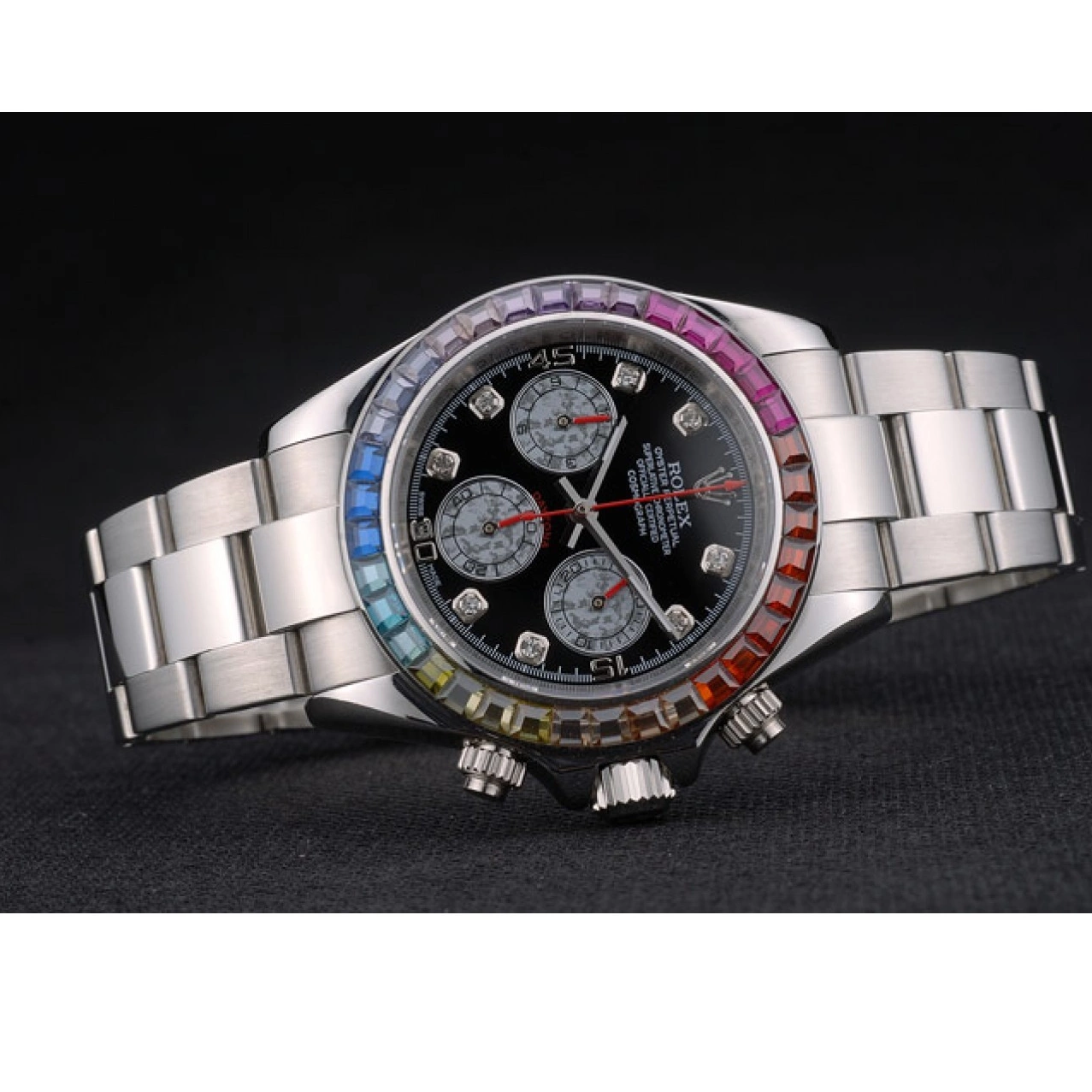 MiroTime 0709 Rolex Daytona Cosmograph Rainbow Crystals Bezel Stainless Steep Strap Black Dial 80250